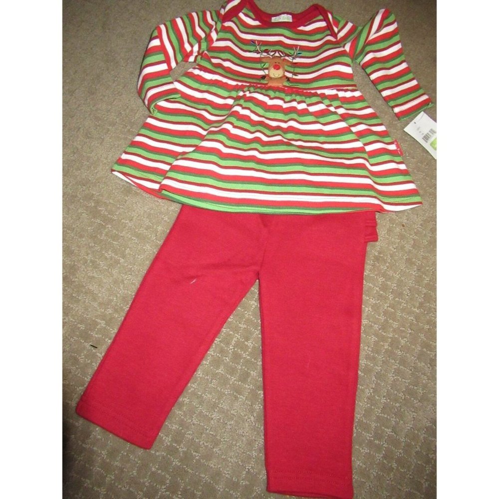 nwt Le Top reindeer Christmas top ruffle bottom legging set baby girls 12 m
